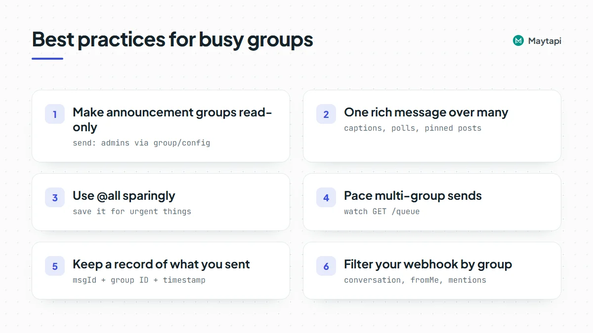 Checklist of best practices for busy WhatsApp groups: read-only announcements, rich messages, sparing @all, pacing, records and webhook filtering.