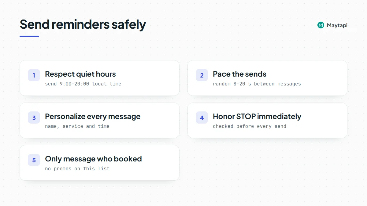 Checklist for safe reminder sending: quiet hours in the customer's time zone, paced sends, personalized text, immediate STOP handling and messaging only people who booked.