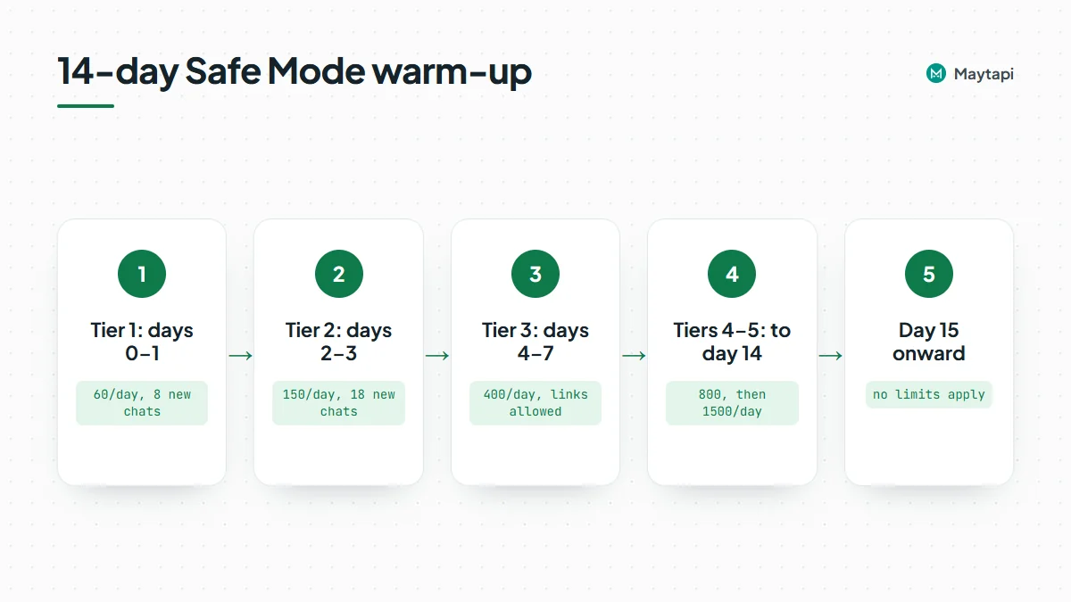 Timeline of the Safe Mode warm-up tiers from day 0 to day 14, with daily message caps and new chat limits, and no limits from day 15.