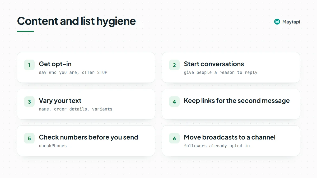 Checklist of content and consent habits that reduce ban risk: opt-in, conversations, varied text, links later, number checks and channels for broadcasts.