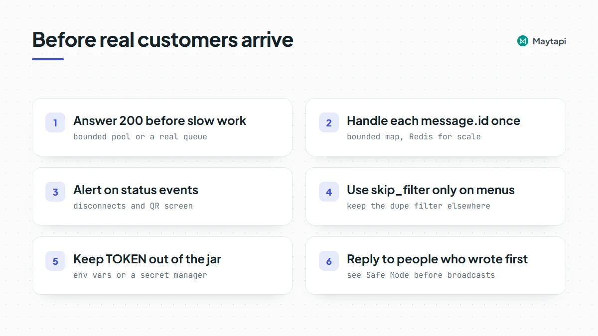 Production checklist for a Java WhatsApp bot: return 200 before work, skip repeated message ids, use a bounded worker pool, alert on status events, keep the token in the environment and only message people who wrote first.