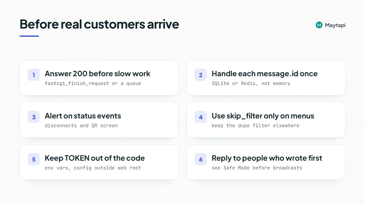 Production checklist for a PHP WhatsApp bot: answer 200 early, skip repeated message ids, send slow work to a queue, alert on status events, keep the token out of code and only message people who wrote first.