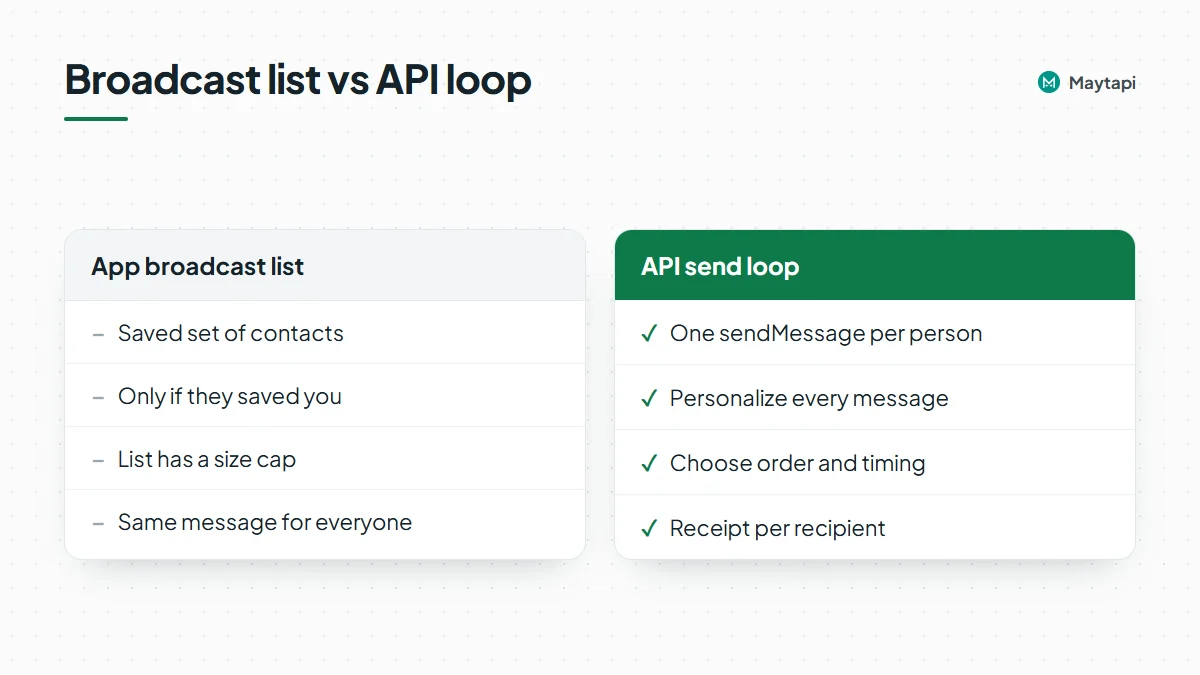 Comparison of a WhatsApp app broadcast list and an API send loop that calls sendMessage once per recipient.