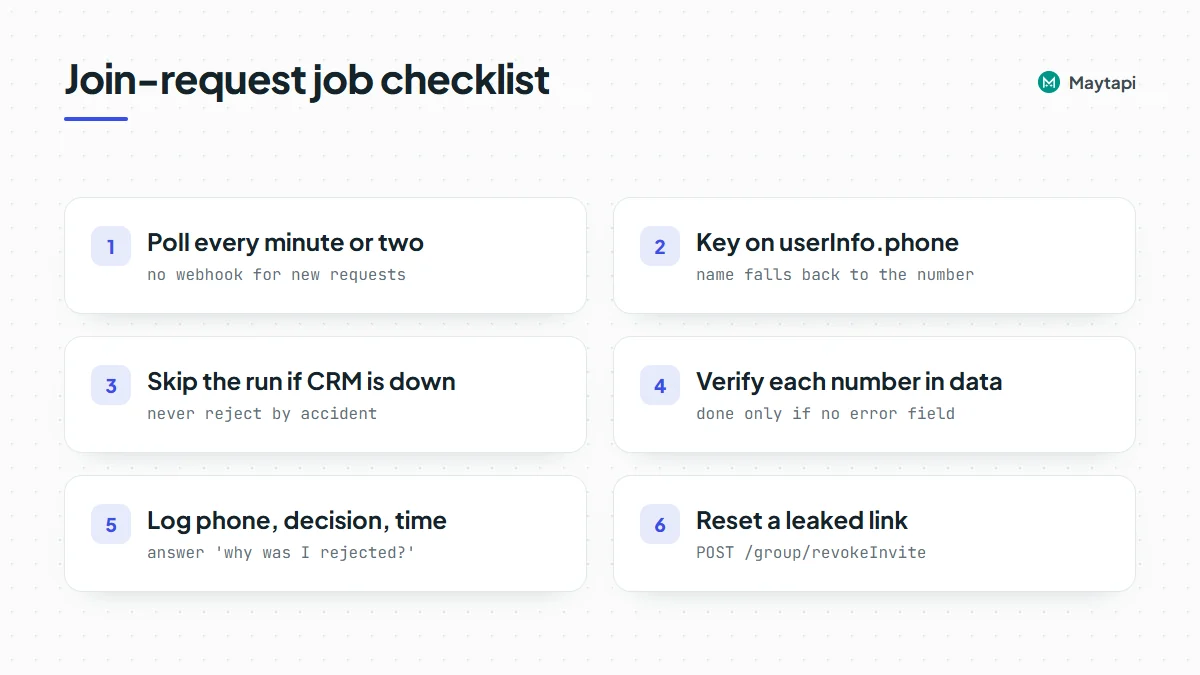 Checklist for a production join-request job: poll on a schedule, key on userInfo.phone, skip run if CRM is down, verify each number in the response, log decisions, reset leaked links