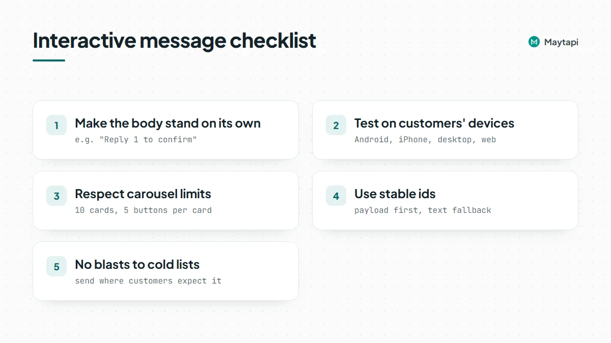 Checklist of good practice for interactive messages: self-contained body, device testing, carousel limits, stable ids and no cold-list blasts.