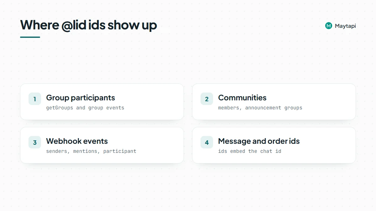 Checklist of the places WhatsApp LIDs appear: group participants, communities, webhook events and message or order ids.