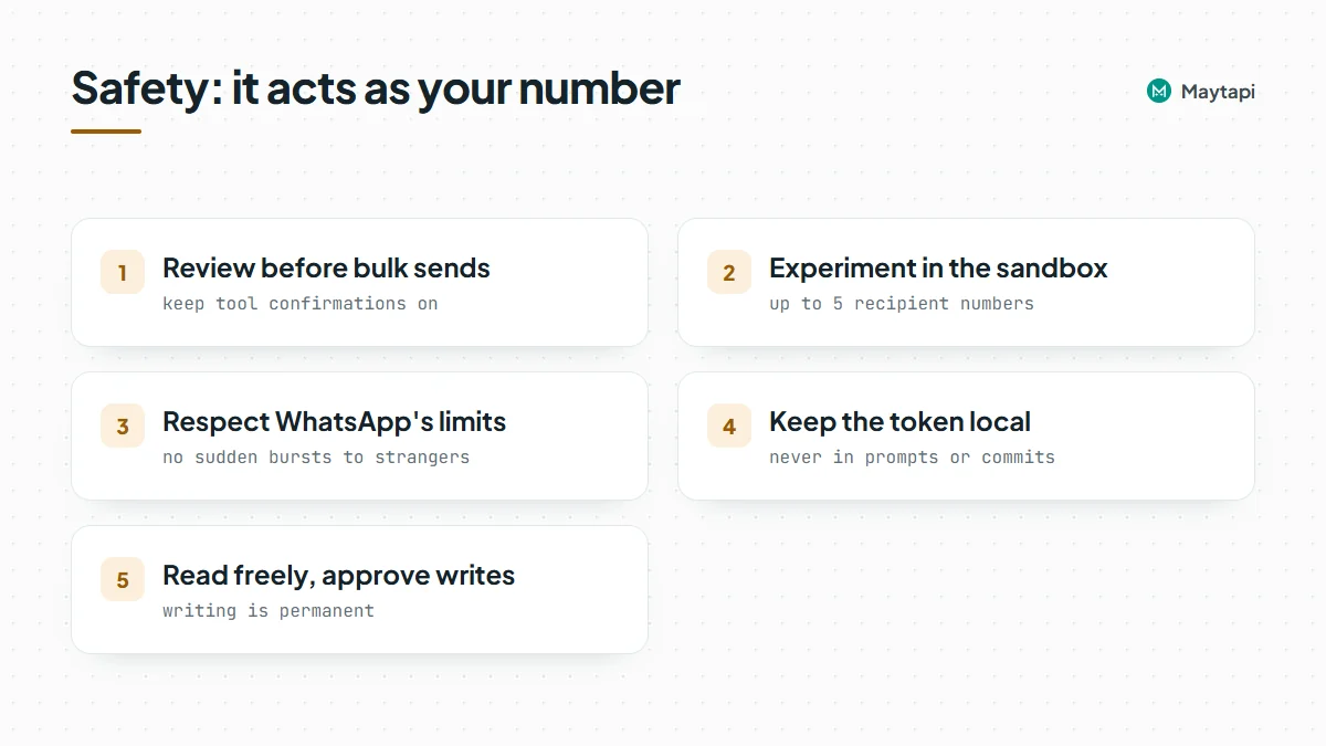 Safety checklist for a WhatsApp MCP server: review bulk sends, test in the sandbox, respect WhatsApp limits, keep the token local and approve writes.