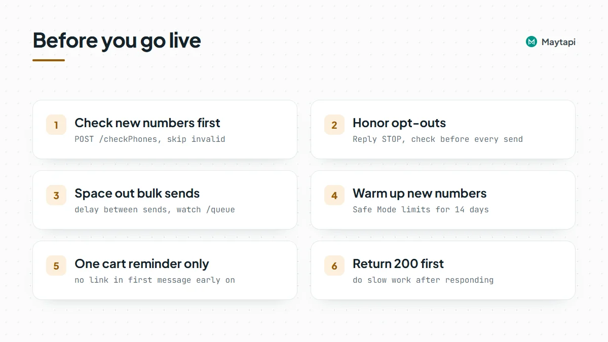 Checklist of safe sending rules for store automation on WhatsApp