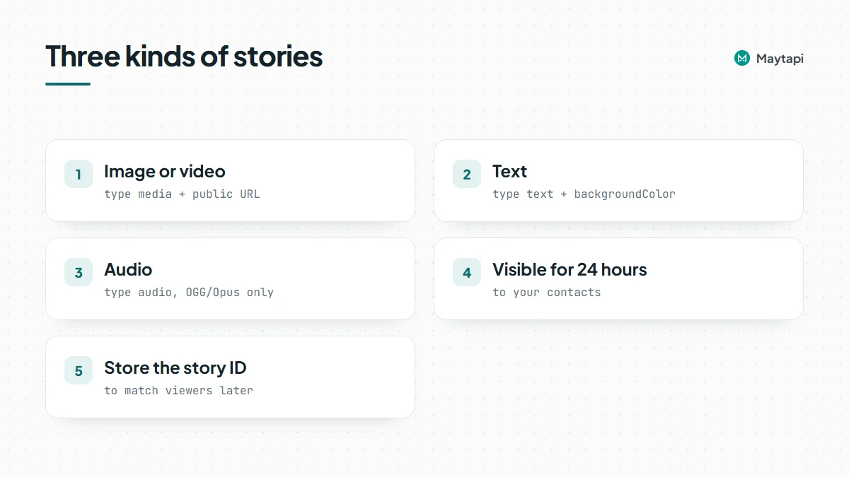 Checklist of the story types the Status API posts, media, text and audio, plus the 24-hour visibility and storing the story ID.
