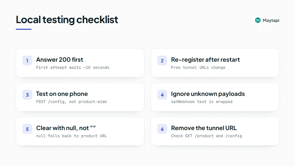 Checklist for local webhook testing: answer 200 fast, re-register after a tunnel restart, test on one phone with POST /config, ignore unknown payloads, remove the tunnel URL when done