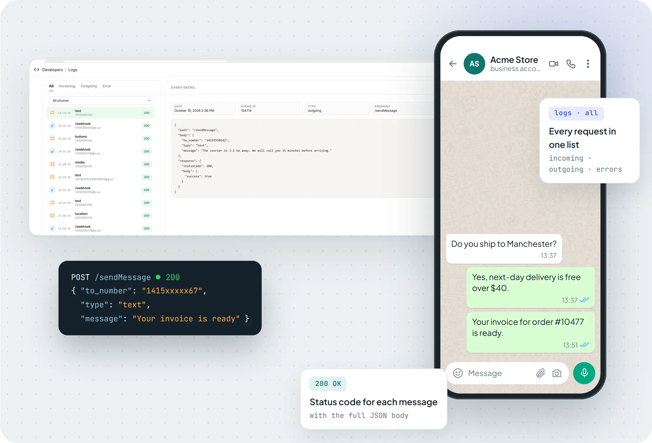 Logs de mensagens no console da Maytapi ao lado das mensagens do WhatsApp correspondentes
