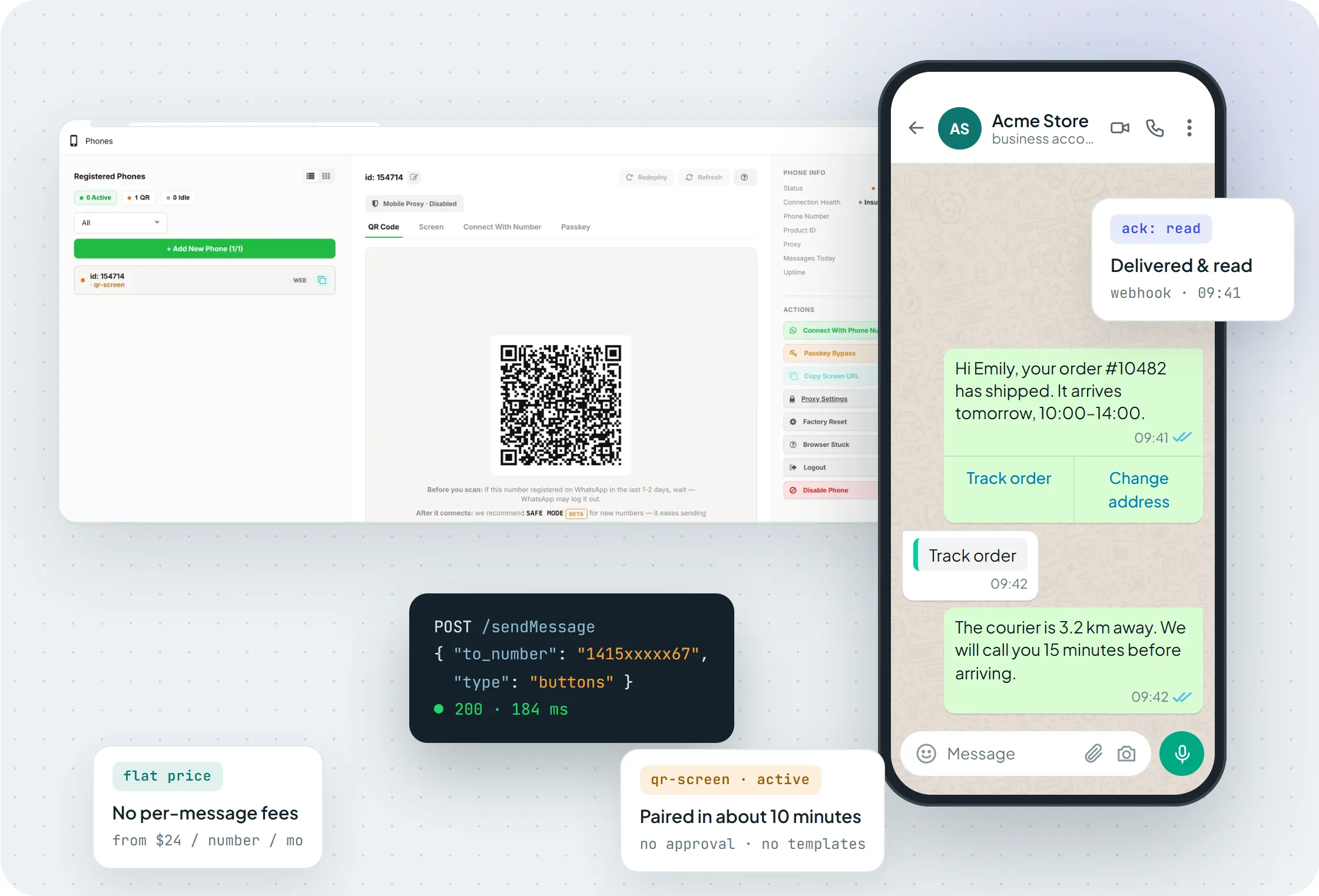 Console da Maytapi com um celular aguardando a leitura do QR code, ao lado de uma conversa do WhatsApp enviada pela API
