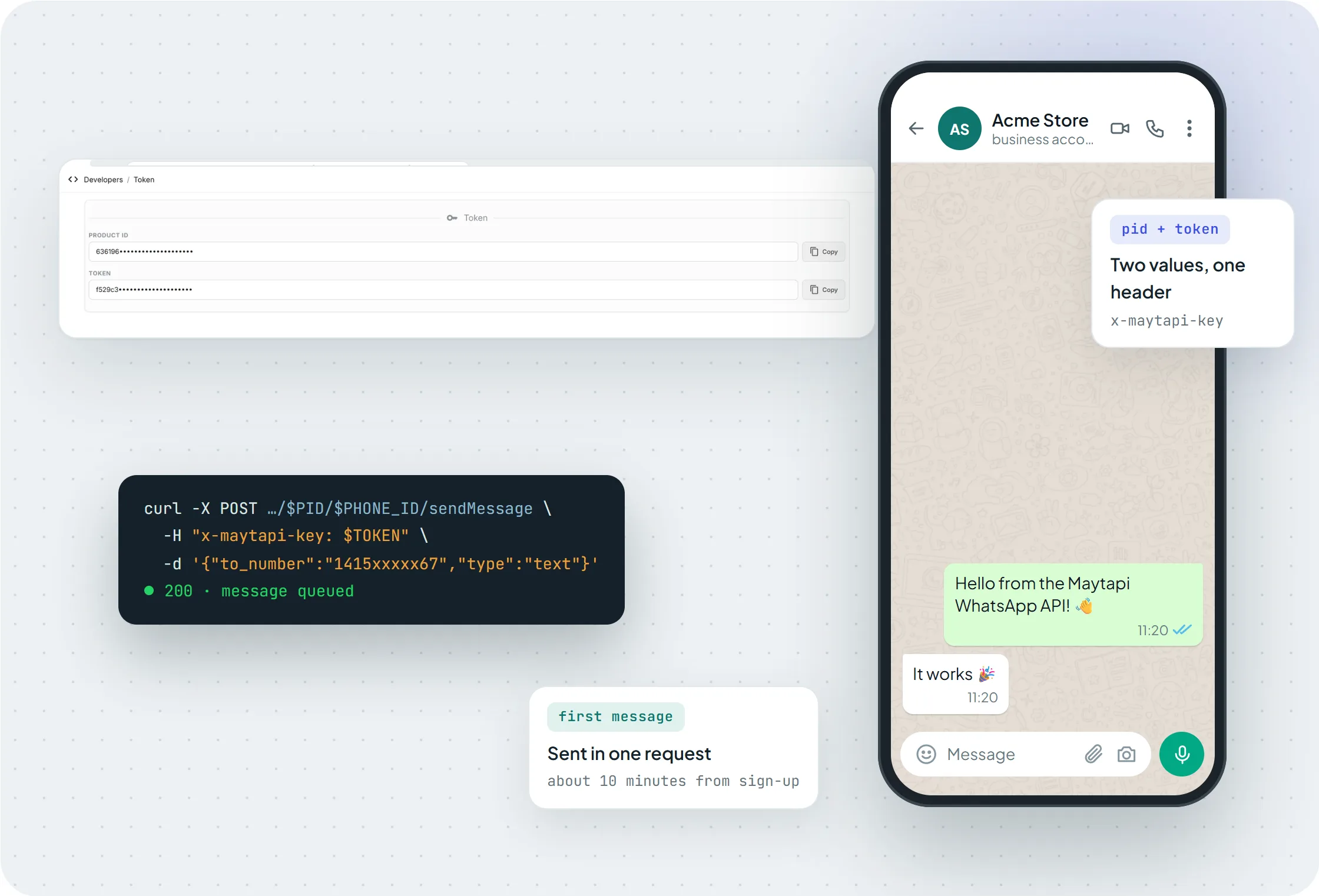 Product ID and token page in the Maytapi console with the first message arriving on WhatsApp