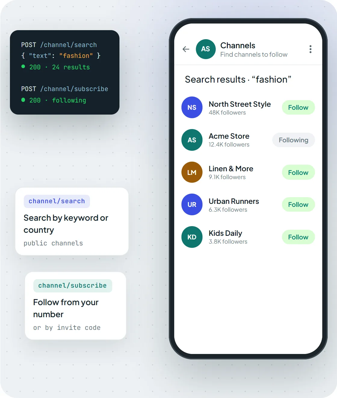 Searching and following WhatsApp channels through the Maytapi API