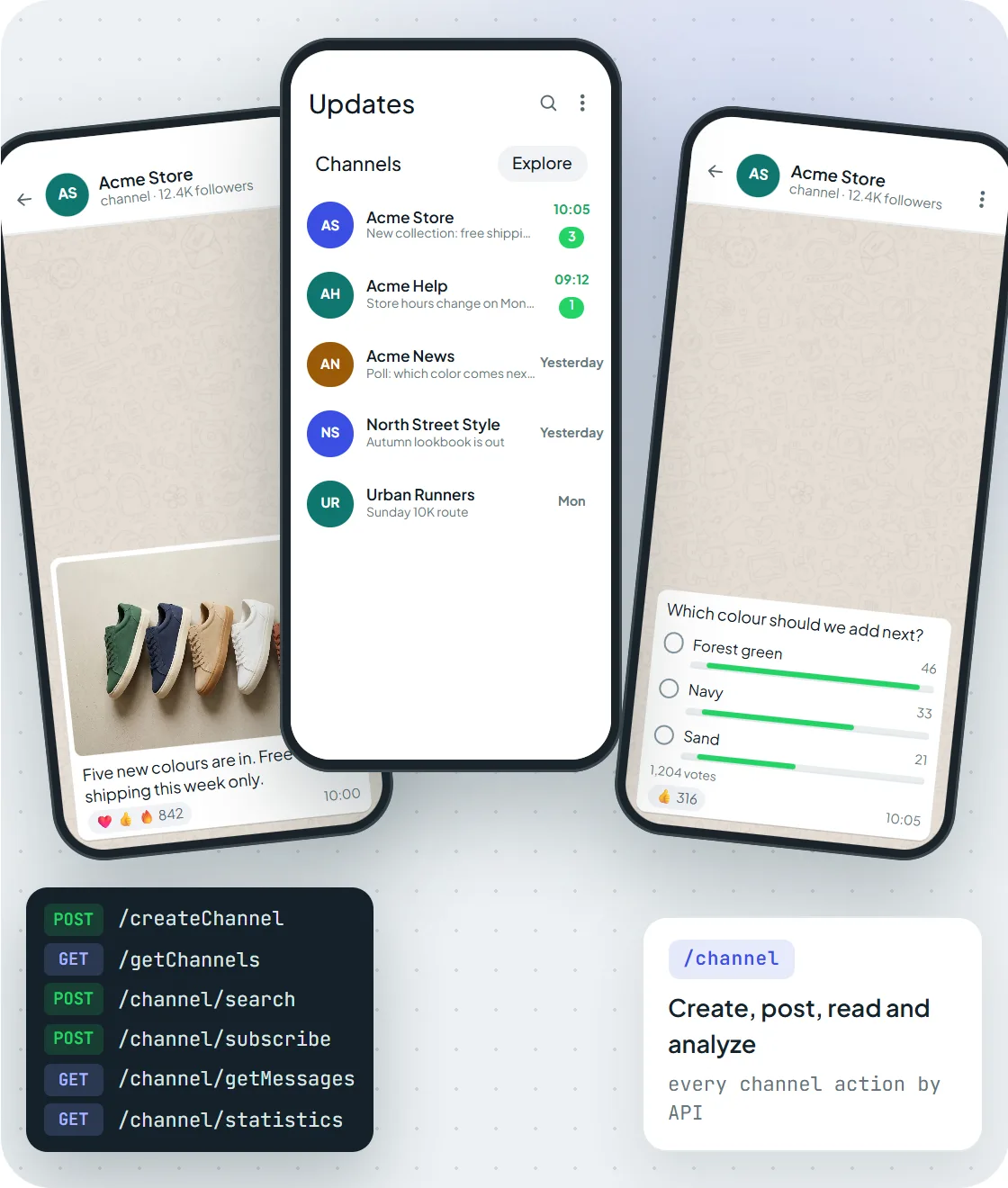 WhatsApp channels managed through the Maytapi Channel API: a photo post, the channel list and a poll