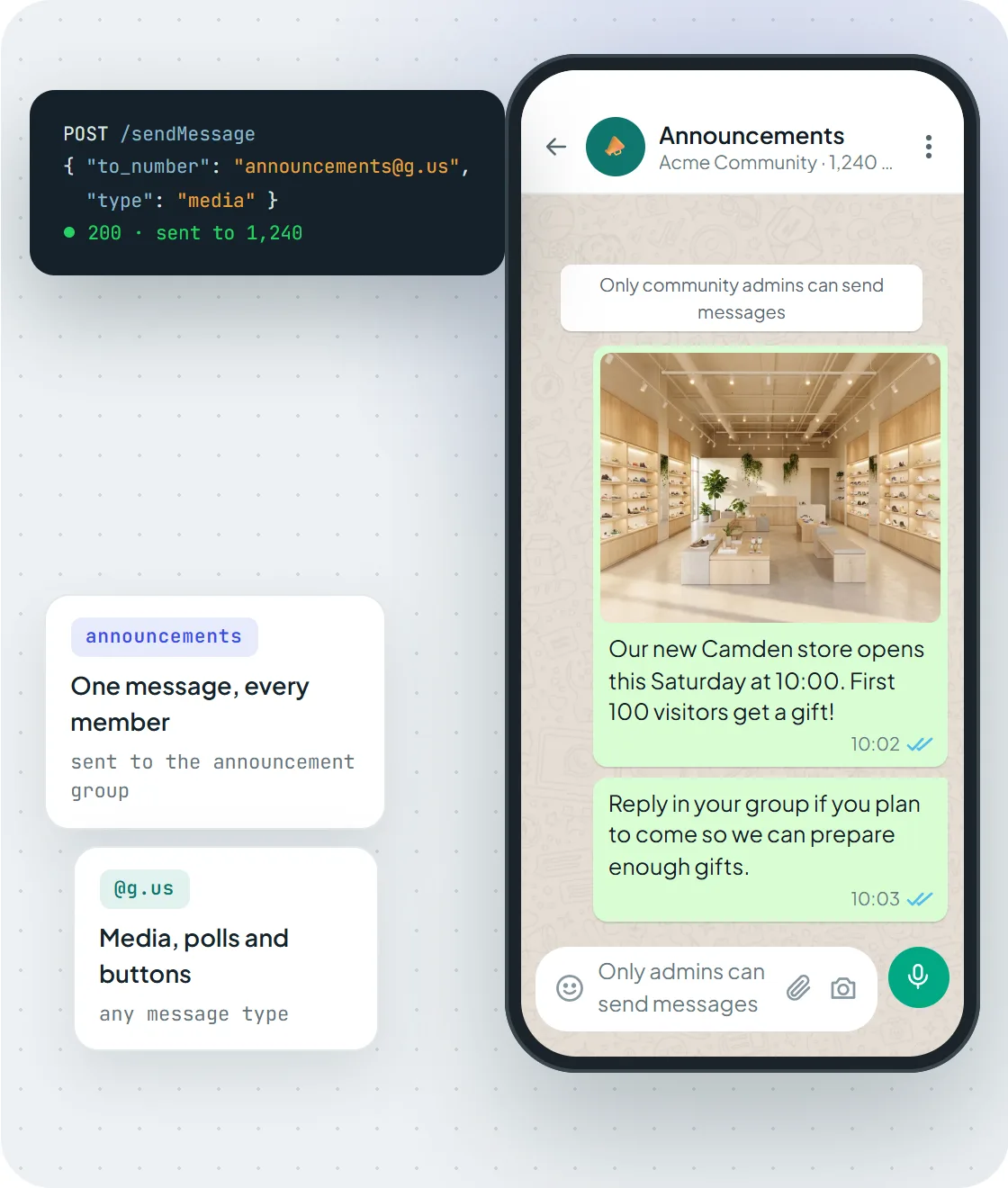 Un anunț trimis tuturor membrilor unei comunități WhatsApp prin API Maytapi