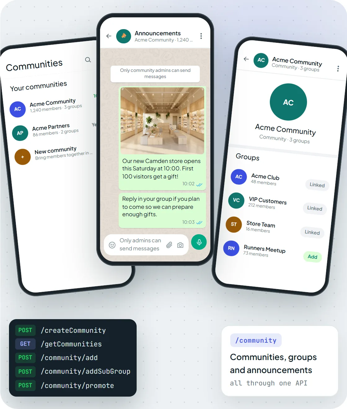 Comunități WhatsApp prin API Maytapi: comunitățile tale, un anunț și grupurile asociate
