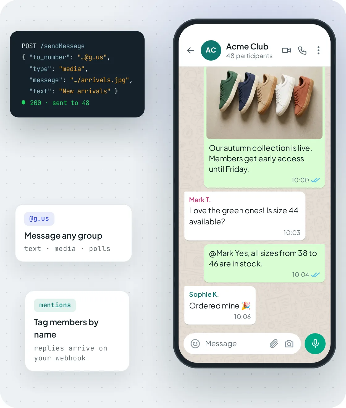 Анонс товара, отправленный в группу WhatsApp через API Maytapi, с ответами участников