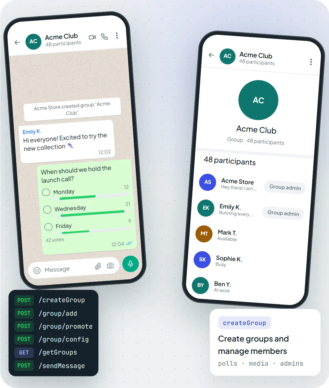 Группа WhatsApp, созданная через API групп WhatsApp от Maytapi: групповой чат с опросом и список участников