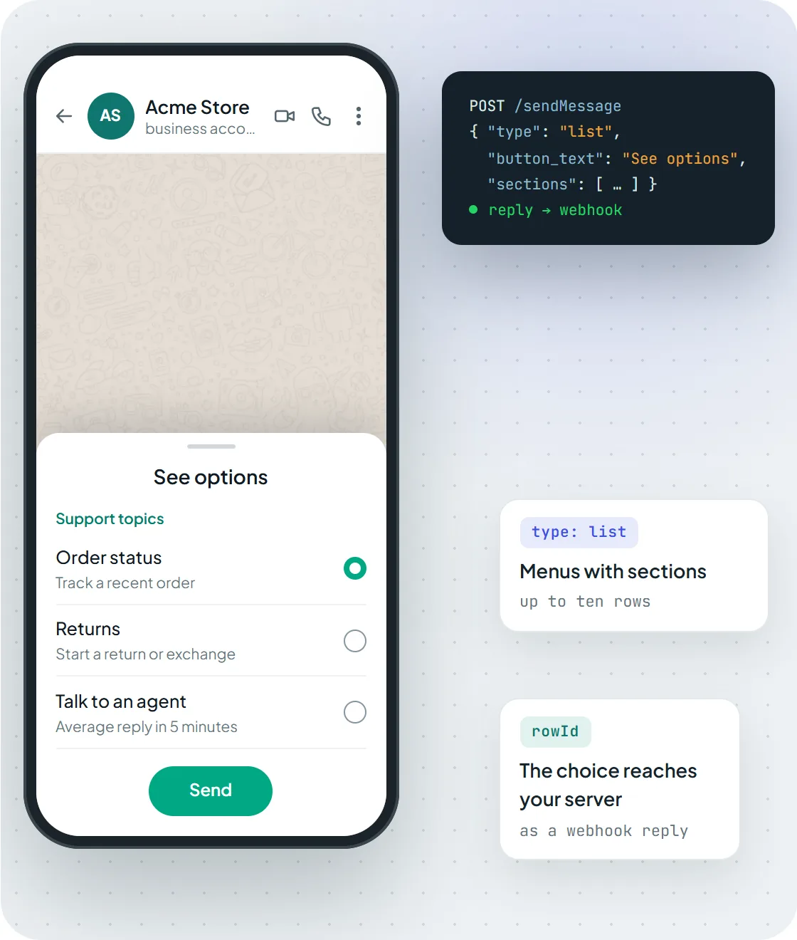 Uma mensagem de lista do WhatsApp com o menu de opções aberto, enviada pela API da Maytapi