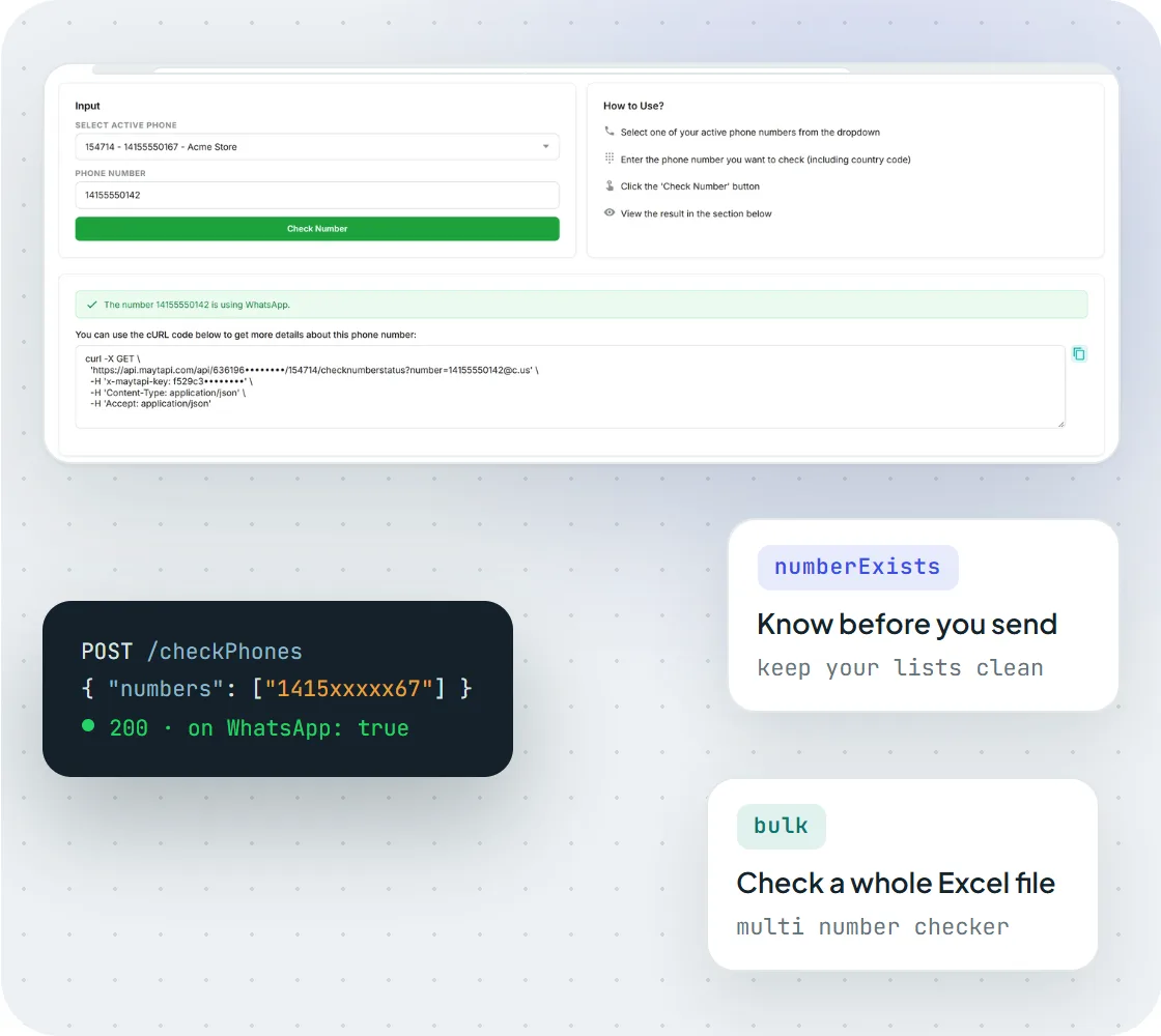O verificador de números do WhatsApp no console da Maytapi mostrando que um número tem WhatsApp, com a requisição correspondente à API
