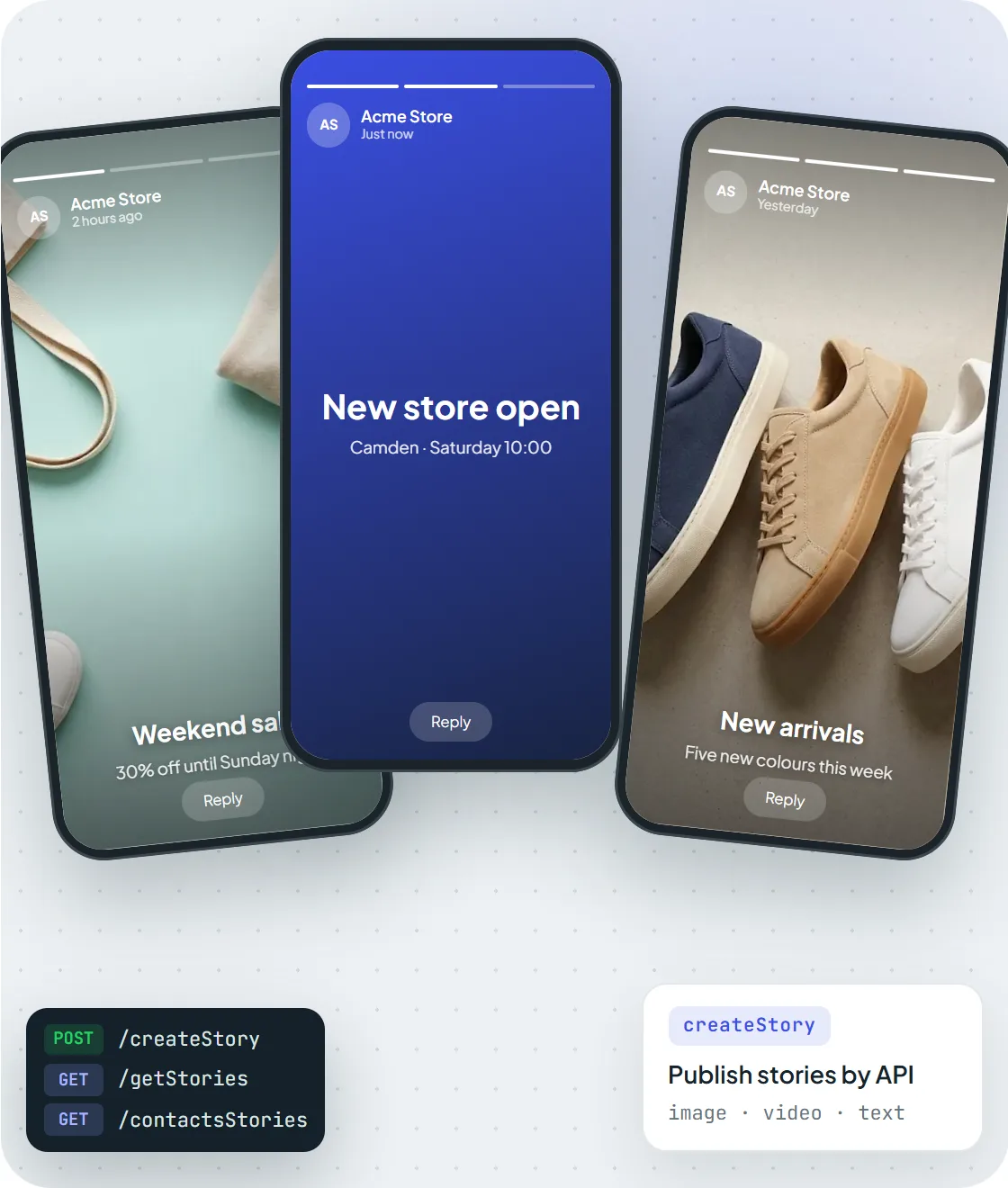 Three WhatsApp stories published through the Maytapi API: a sale photo, a text update and a new collection photo