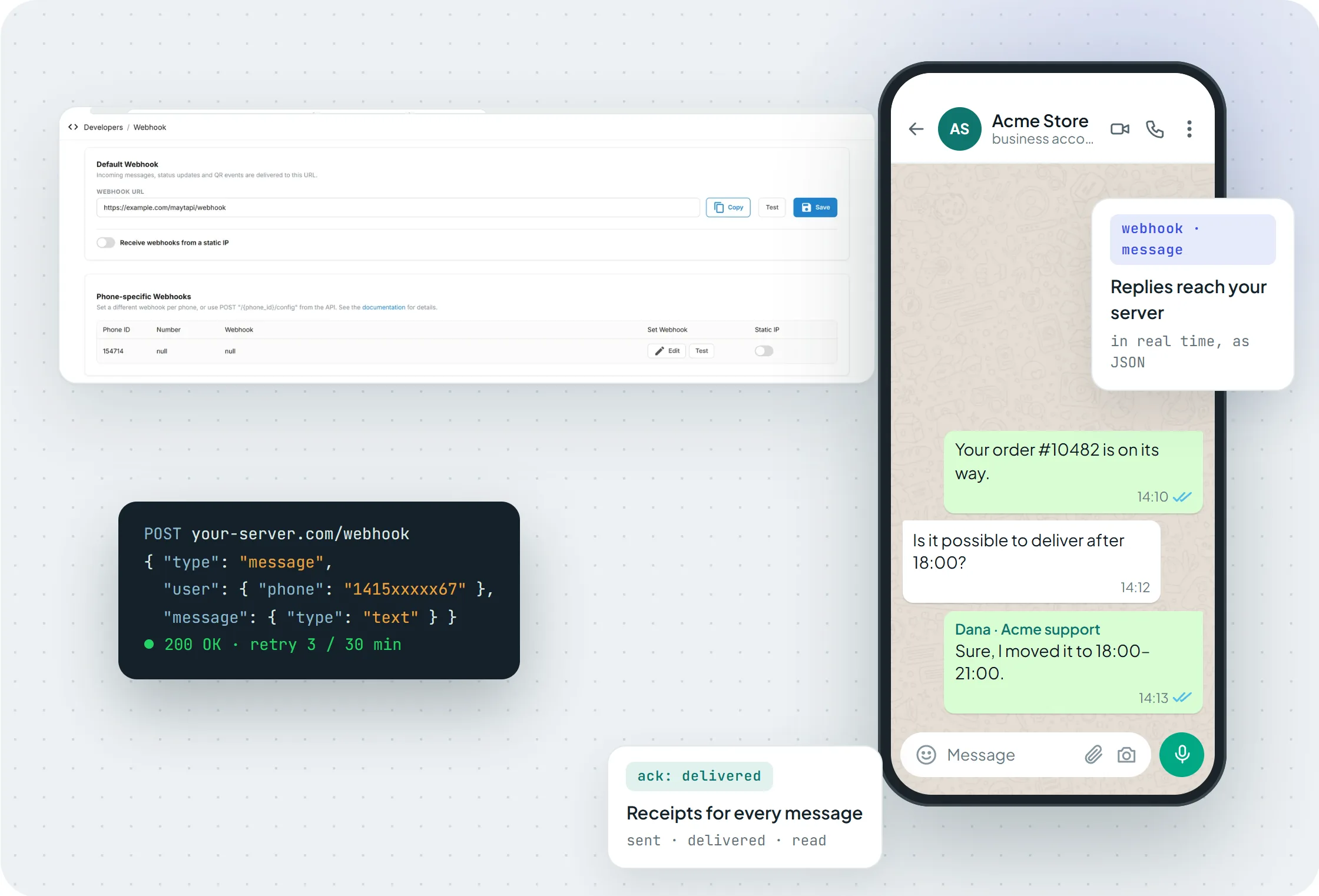 Configurações de webhook no console da Maytapi e a mensagem recebida no WhatsApp entregue ao webhook
